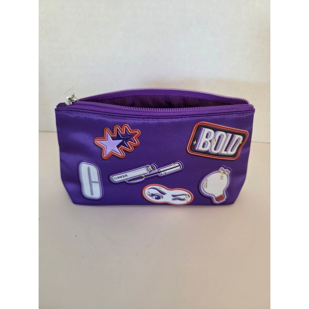 Clinique Purple‎ Makeup Bag Cosmetic Travel Pouch w/Embellished Patches New